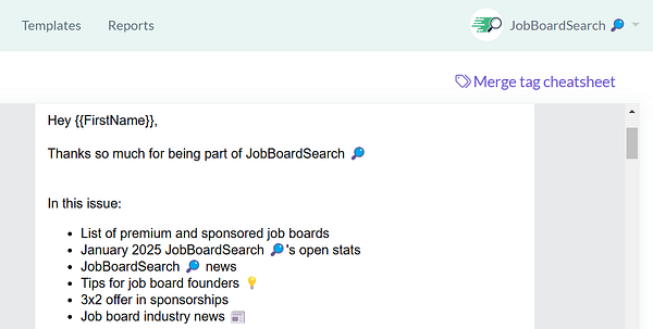 The image displays a draft of a newsletter for JobBoardSearch, highlighting key topics and a personalized greeting.