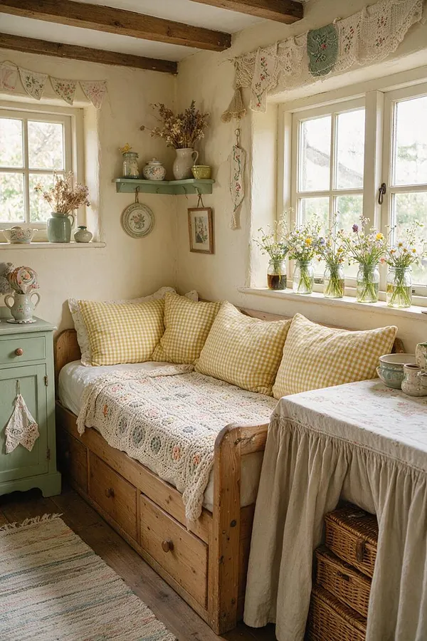 A cozy studio apartment styled in cottagecore decor, with a wooden daybed built with drawers, yellow gingham pillows, a crocheted throw, and soft cream walls. Sunlight fills the room through two windows lined with small flower vases, while pastel shelves, dried flowers, lace bunting, and rustic ceiling beams add a handmade, romantic feel.
