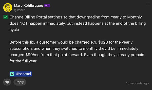 A task update regarding changes to billing settings is displayed in a task management interface.