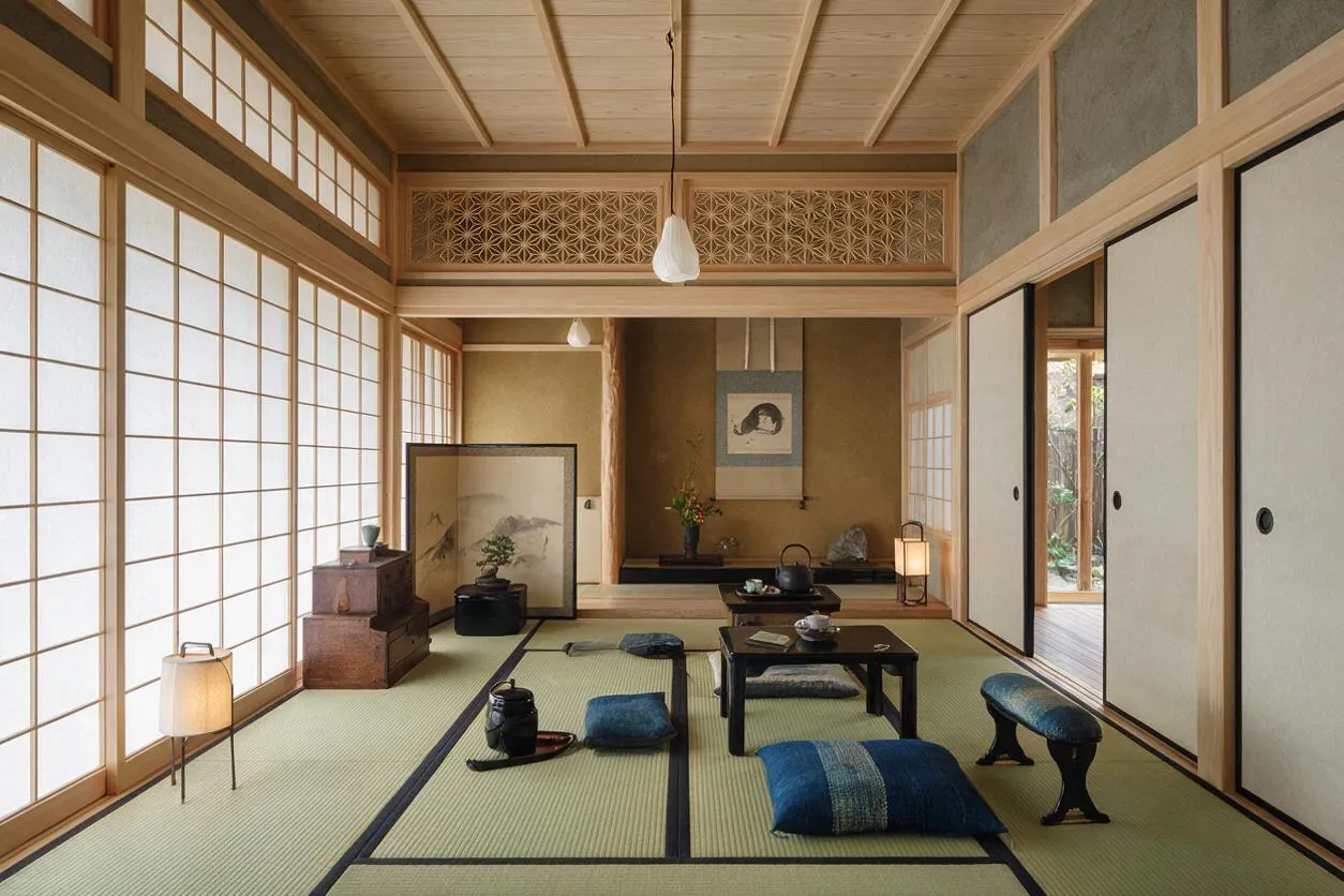 A traditional Japanese Zen-style room opens toward a backyard garden, with tatami mats, shoji screens, sliding wood-framed doors, and low tea tables. Cushions, lanterns, a hanging scroll, and natural wood finishes create a calm, minimalist atmosphere with soft daylight and a glimpse of greenery outside.