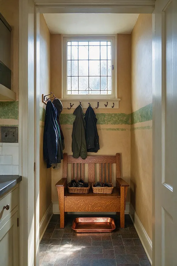 A narrow Craftsman-style mudroom with warm beige walls, a leaded glass window, and a row of dark metal hooks holding coats. A small wooden bench with shoe baskets sits against the back wall, with a copper tray on the slate-tiled floor and soft daylight filling the space.