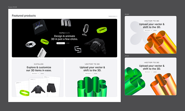 The image displays a digital interface for a design platform called Morflax Studio, showcasing featured products and options for 3D design.