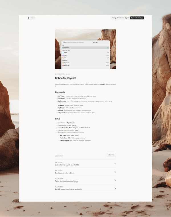 Changelog UI interface displaying a timeline with entries highlighting recent features and developments such as analytics, revenue exclusions, and bot filtering.