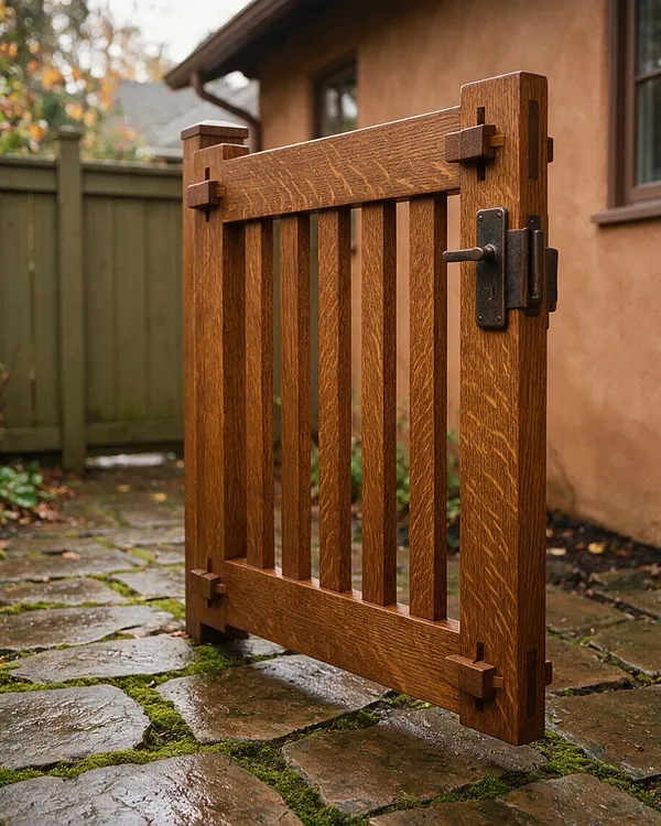 A small handcrafted wooden gate stands on a stone pathway beside a stucco Craftsman-style house. The gate features vertical oak slats, thick squared posts, exposed joinery, and dark iron latch hardware, with a weathered green fence and soft garden greenery in the background.