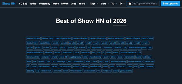 Dashboard interface showing stack update options for Best of Show HN with tabs for logs, environment variables, domains, and settings.