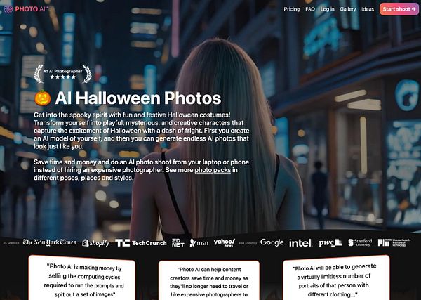 The image features a promotional webpage for AI-generated Halloween photos, showcasing a modern urban setting with a focus on creativity and convenience.