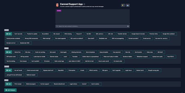 The image displays a user interface for the Canned Support App, showcasing various preset messages for customer support.