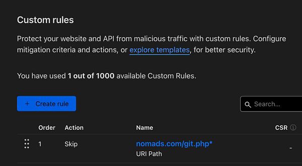 The image displays a user interface for managing custom rules to protect a website and API from malicious traffic.