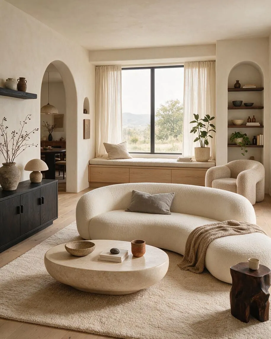 A warm Organic Modern living room with a curved cream sofa, oval stone coffee table, and textured beige rug on pale wood floors. Arched wall niches, sheer curtains, built-in window seating, and sculptural decor create a calm, natural atmosphere.