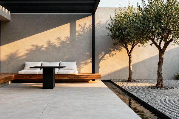 A minimalist patio with large light-gray concrete pavers, a built-in L-shaped wood bench topped with white cushions, and a black pedestal table under a slim black pergola. Alongside the seating runs a narrow reflecting water rill. Beyond, two small trees rise from a raked gravel garden forming concentric rings, set against a smooth gray concrete wall. Warm low sunlight casts long shadows of the trees and pergola, creating a calm, meditative outdoor living space.