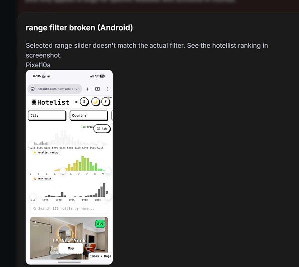 Screenshot of an issue in a web interface showing a range slider with position offset problem highlighted in the code.