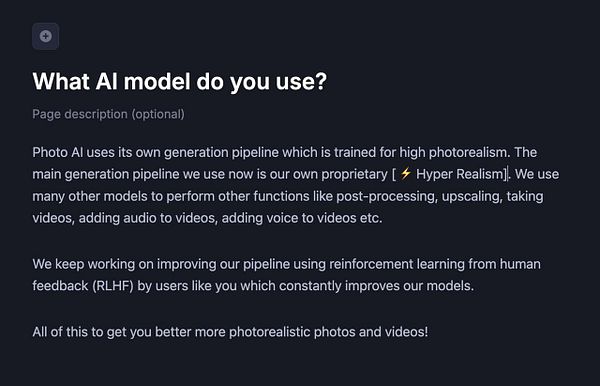 The image displays a webpage section detailing the AI model used for generating photorealistic content.