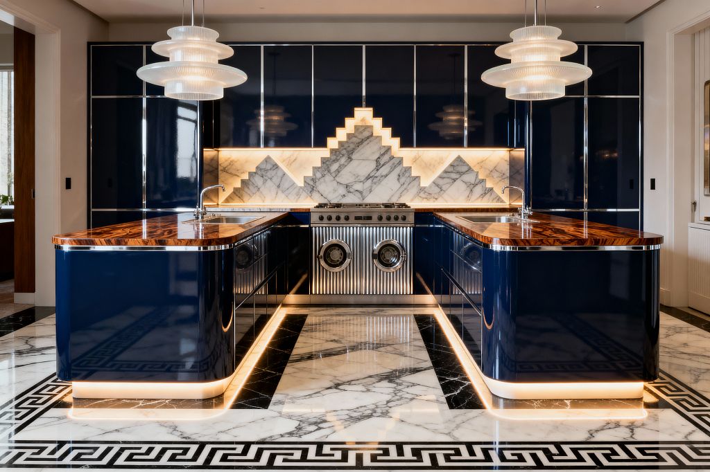 An Art Deco laundry room features glossy navy cabinetry and two rounded islands topped with striped Macassar ebony. A dramatic, backlit white marble backsplash rises in a stepped motif above fluted stainless front-load machines at center. Each island includes an undermount sink with chrome faucet, with toe-kick lighting tracing the bases. The floor is white marble with black inlays and a Greek key border, and tiered ribbed-glass pendants cast a warm glow.