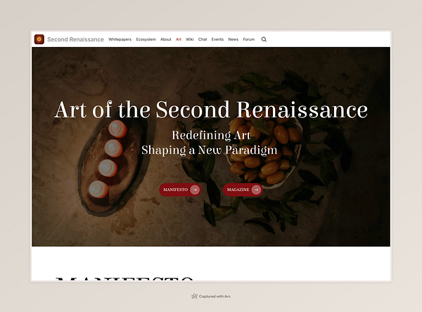 The image displays a webpage for the Second Renaissance, focusing on art and its transformative role.