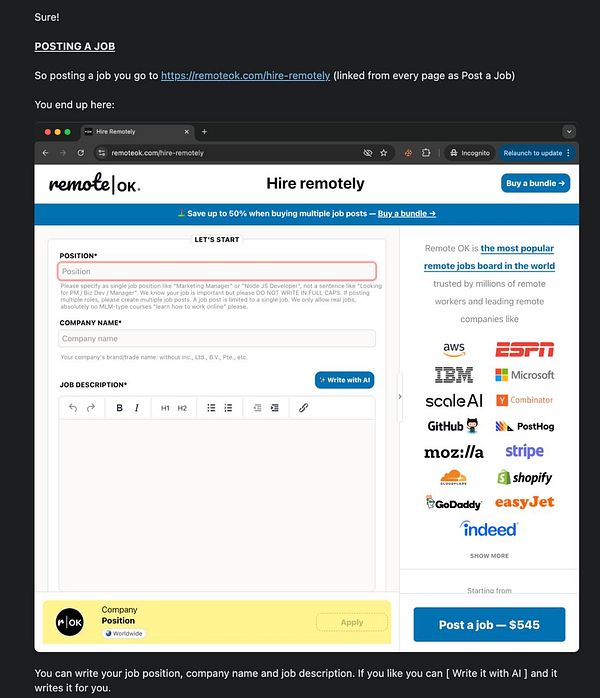 Screenshot of the Remote OK job portal homepage showing job categories and navigation links.