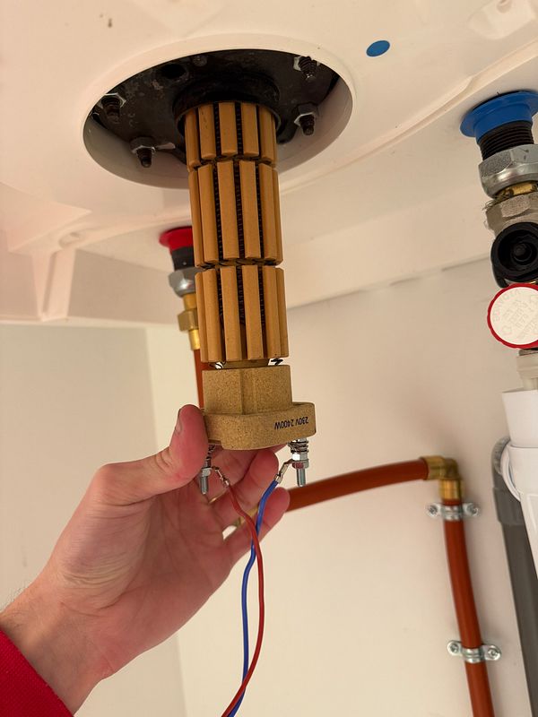 A person is holding a disassembled component of a water heater, showcasing its internal structure.