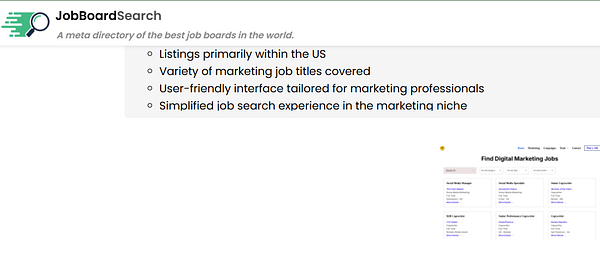 The image features a webpage for JobBoardSearch, showcasing a job board directory focused on marketing positions.