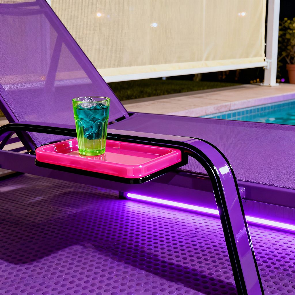 A nighttime poolside patio featuring a vibrant purple mesh chaise lounge with a glossy black and purple metal frame. A hot pink plastic side tray holds a lime green acrylic tumbler filled with blue drink and ice. Purple LED lighting glows beneath the chair onto a perforated purple rubber floor. In the background are teal pool tiles, blue water, and a beige outdoor roller shade.