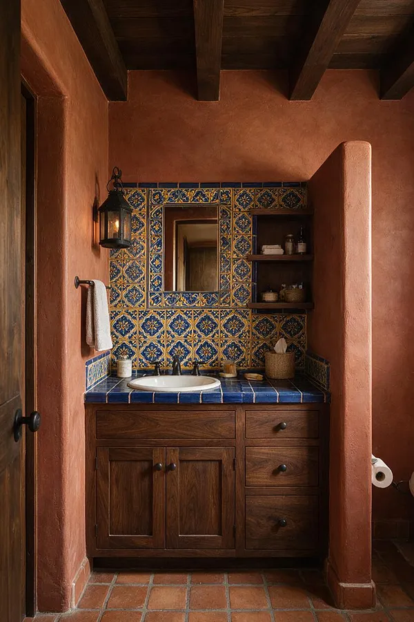 A Mediterranean-style powder room with terracotta plaster walls, dark exposed ceiling beams, and a blue-and-gold patterned tile backsplash framing a small mirror. A wood vanity with a blue tile countertop and round white sink sits below, accented by a black lantern sconce, open shelving, and warm terracotta floor tiles.