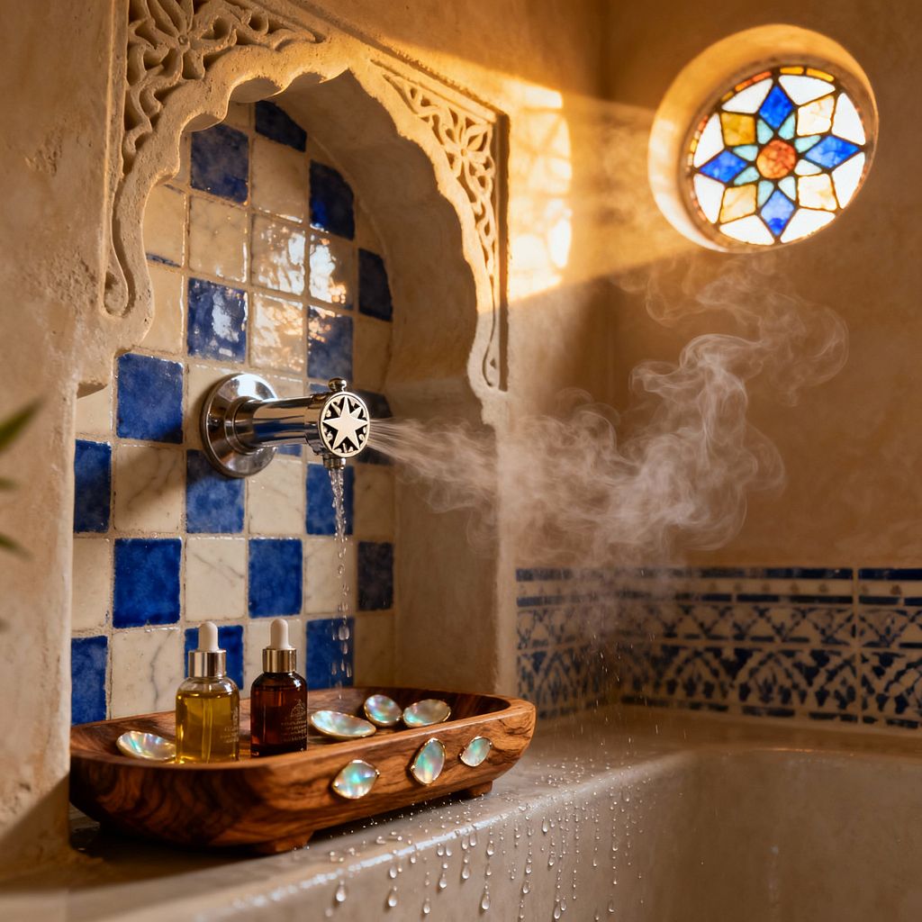 A sunlit Moroccan-style bathroom shows a carved plaster niche faced with blue-and-ivory square tiles, holding a chrome spout that releases steam and a trickle of water into a tub. A circular stained-glass window projects colorful light across tadelakt walls, while a blue geometric border tile runs along the ledge, where an olive-wood tray with small bottles and iridescent shell accents sits amid droplets.