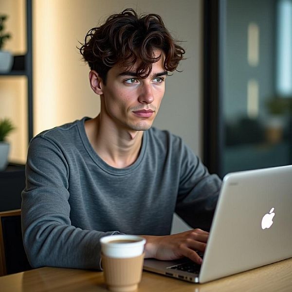 A young man is focused on his laptop while sitting at a table with a coffee cup.