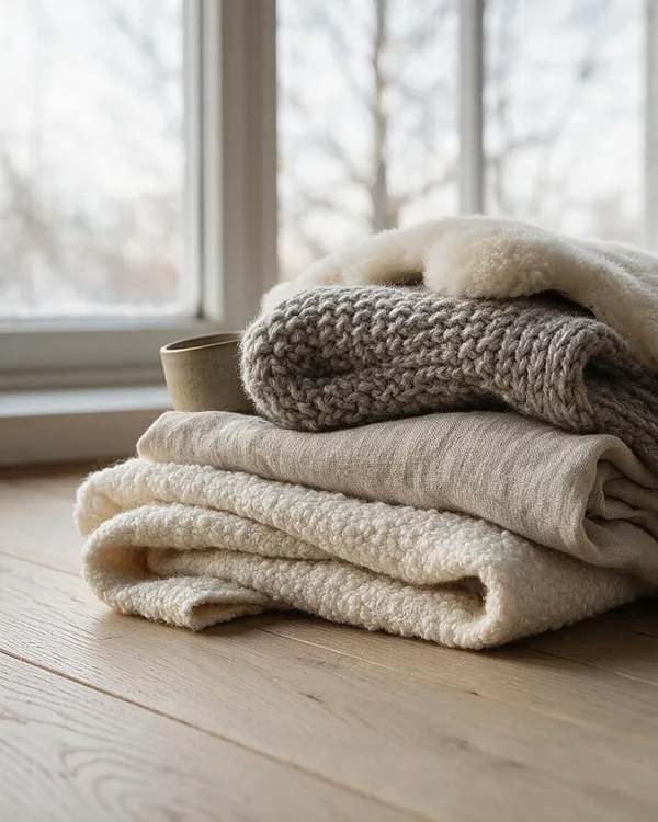 A stack of folded cozy textiles rests on a light wood floor beside a bright window. The fabrics include a chunky knit throw, a smooth linen-like blanket, and a cream boucle piece in soft beige and ivory tones.