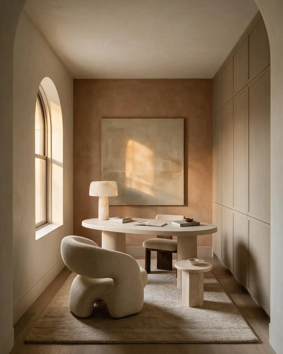 A serene home office with an oval white desk, sculptural boucle chair, small ottoman, and round side table on a light textured rug. Soft beige walls, built-in cabinets, an arched window, and abstract wall art create a warm organic modern atmosphere.