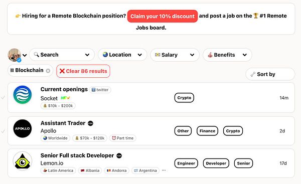 The image displays a job listing interface for remote blockchain positions with a prominent discount offer.