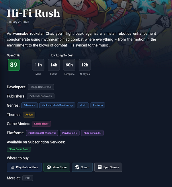 The image displays a detailed overview of the video game 'Hi-Fi Rush'.