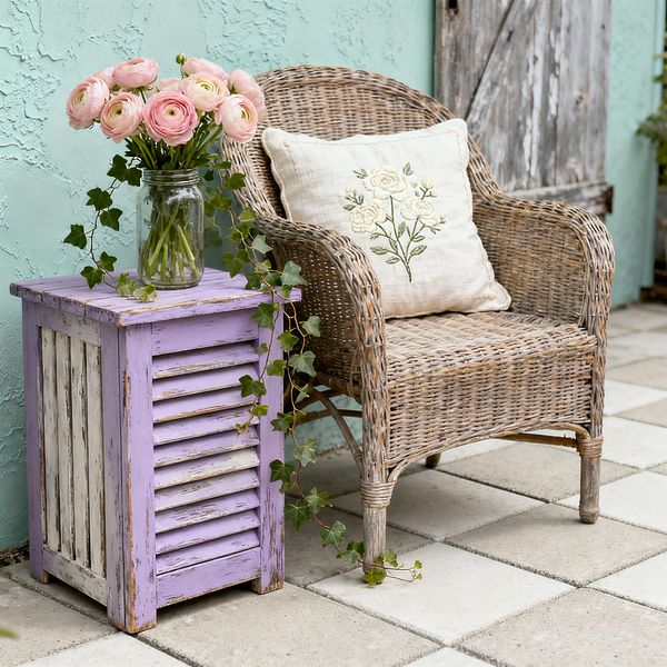 A shabby chic patio vignette shows a woven wicker armchair with a cream cushion embroidered with yellow roses beside a distressed lavender wooden side table with shutter-like slats. A glass mason jar filled with pale pink ranunculus and trailing ivy sits on the table, all set on large concrete pavers against a mint green textured stucco wall and a weathered gray barn-style door.