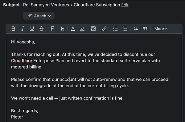An email draft discussing the downgrade of a Cloudflare subscription plan.