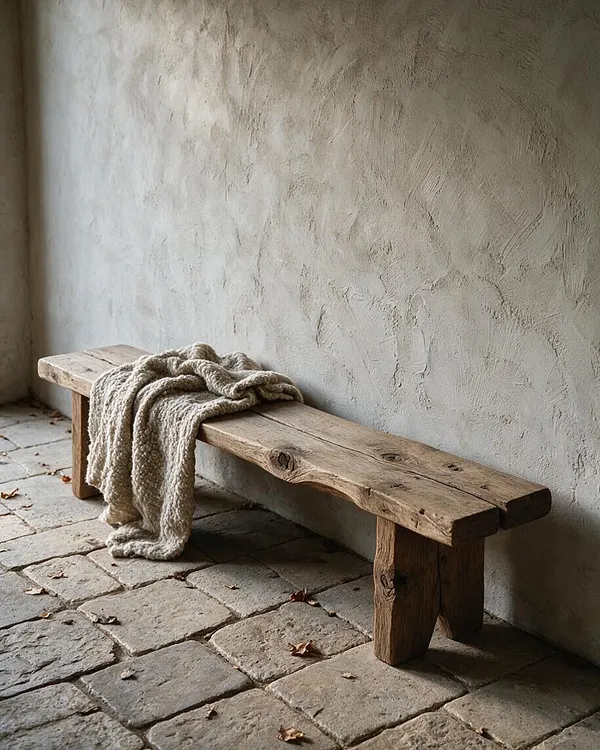 A rustic outdoor bench made from thick reclaimed wood sits against a softly textured plaster wall. A chunky neutral knit blanket is draped over the bench, and the floor is paved with worn stone tiles scattered with a few dry leaves.