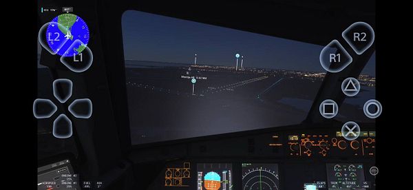 Screenshot of Microsoft Flight Simulator 2024 running on a PlayStation 5 with iPhone Remote Play interface.