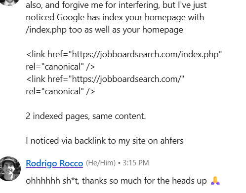 A conversation about canonical URLs and indexing issues related to a job board website.