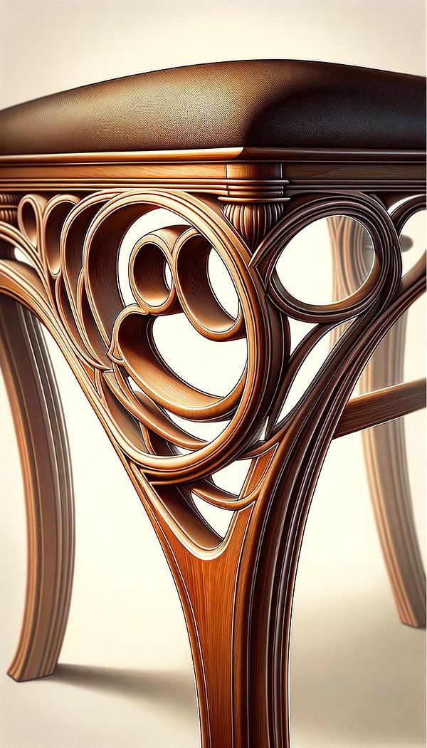 A close-up of a crinoline stretcher connecting the legs of an elegant wooden chair, showcasing the curvature and detail of the design.