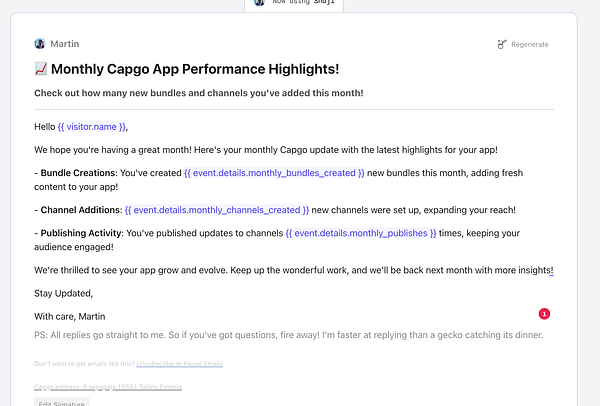 The image displays a draft of a monthly performance email for the Capgo app, highlighting key metrics and updates.