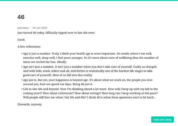 A reflective post about turning 46 years old, discussing the significance of age and personal well-being.