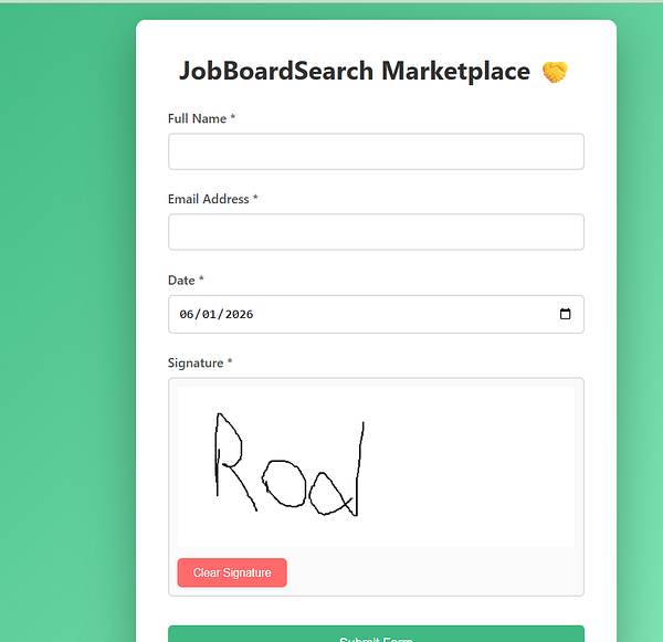 User interface of a signature input field in a digital form showing a drawn signature DNA and interactive controls.