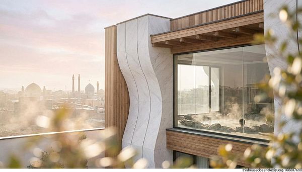 3D rendered scene featuring various modern and classic styled houses on a grassy terrain with a digital interface overlay.