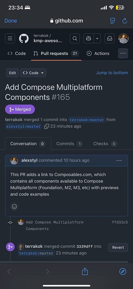 The image displays a GitHub pull request interface showing a merged commit related to Compose Multiplatform Components.