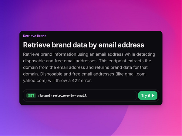 The image displays a user interface for retrieving brand data by email address.