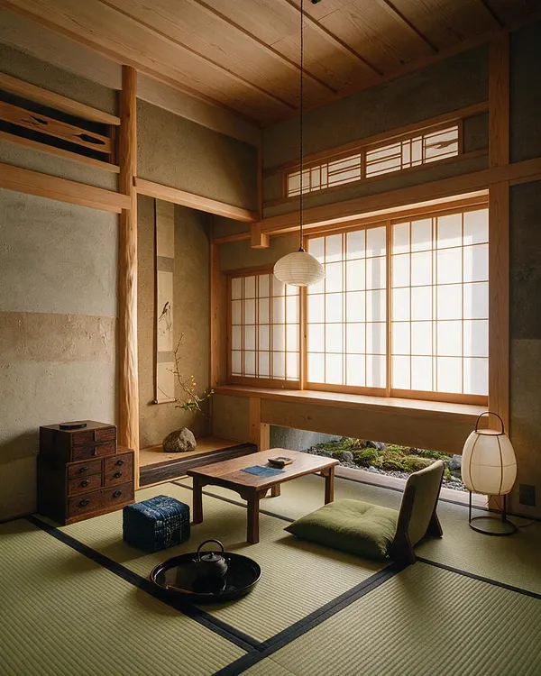 A Japanese Zen guest bedroom with tatami mat flooring, a low wooden tea table, floor cushions, and shoji screen windows glowing with soft daylight. Natural wood beams, a paper lantern, and a small alcove with minimalist decor create a calm, balanced atmosphere.