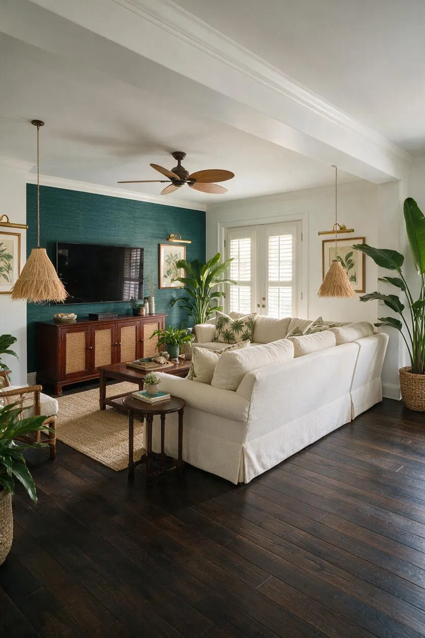 A tropical-style basement living room with a dark wood floor, white sectional sofa, and a deep teal accent wall behind a wall-mounted TV. Natural textures appear in woven pendant lights, rattan cabinet panels, jute rug, and lush potted palms, creating a bright, relaxed atmosphere.