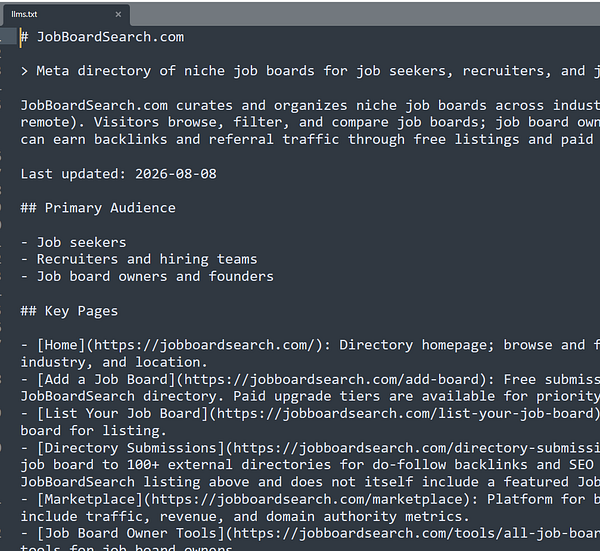 A text-based page titled 'Improve llms.txt' containing sections about evaluation, datasets, and methods for improving language model performance.