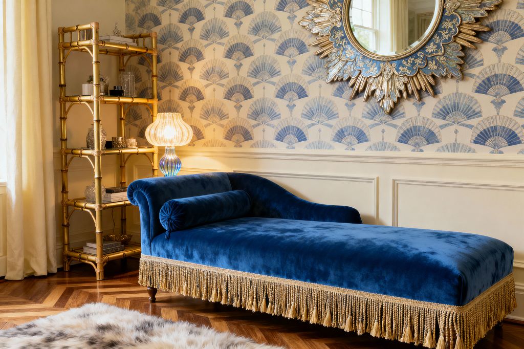 A kids’ room in Vintage Glam style features a royal-blue velvet chaise with tassel fringe set against cream wainscoting and blue fan-pattern wallpaper. At left, a gilded faux-bamboo shelving unit holds books and glass decor beside a ribbed glass lamp, while a blue-and-gold sunburst mirror hangs above; herringbone wood flooring and a soft faux-fur rug warm the space, with natural light filtering through pale curtains.