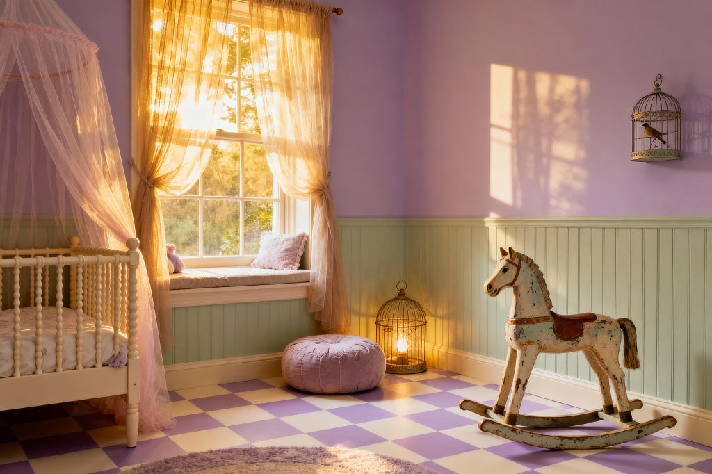 A pastel kids’ room features lavender walls above pale mint beadboard and a lilac-and-cream checkerboard floor. A vintage distressed wooden rocking horse stands near a large window with gauzy champagne curtains, a cushioned window seat with pillows, and a round lilac pouf; to the left is a white spindle crib draped with a blush tulle canopy, while a brass-tone birdcage lamp and wall birdcage provide warm, whimsical accents.