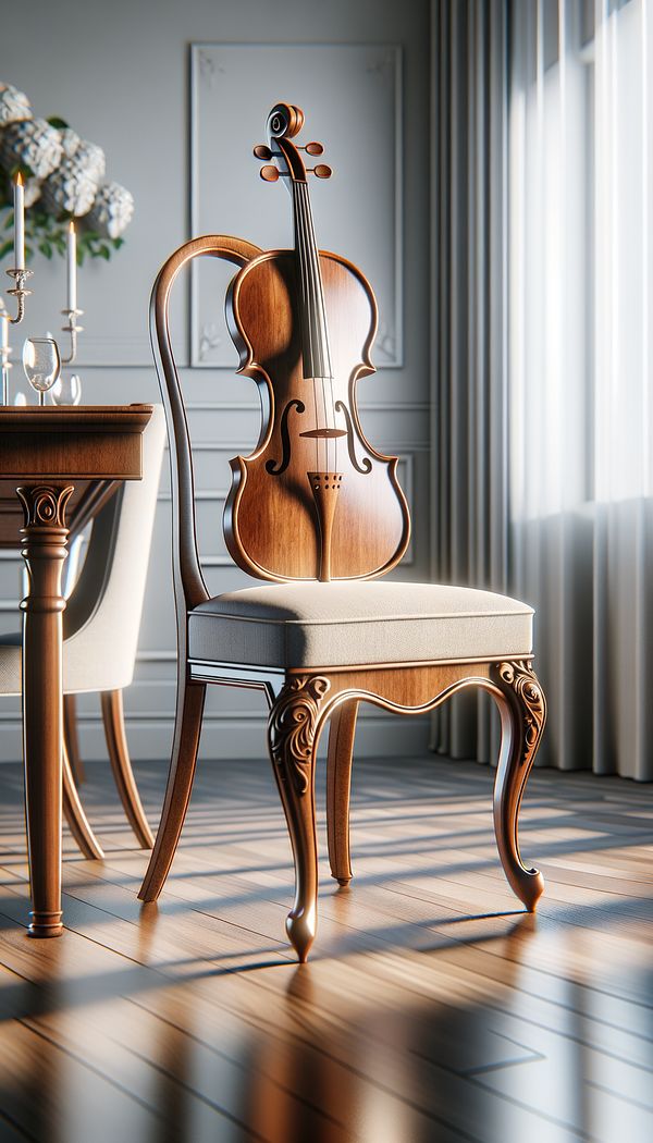 A beautifully crafted wooden fiddle back chair placed in a bright, elegantly designed dining room, showcasing the distinctive violin-shaped splat of the chair.