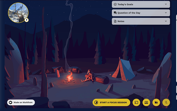 A virtual coworking space scene depicting a campfire setting at night.