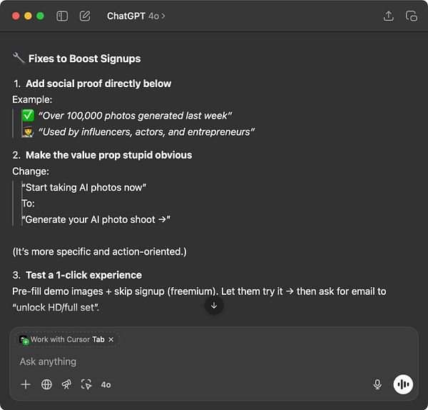 The image displays a screenshot of a ChatGPT interface with a list of strategies to boost signups.