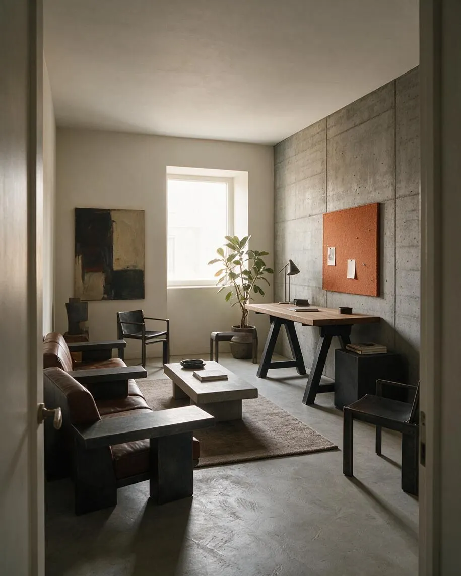 A minimalist home office with a raw concrete feature wall, a light wood desk on black angular trestle legs, and a cork bulletin board above it. The room includes a brown leather sofa, black accent chairs, a low rectangular coffee table, a potted plant near a bright window, and a muted neutral palette.